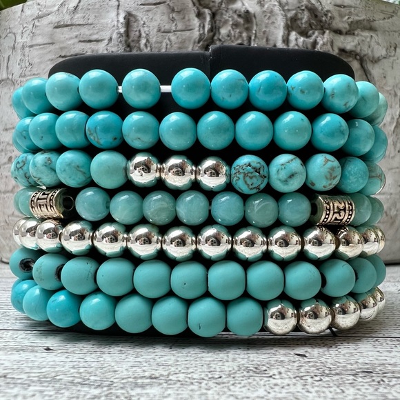 Turquoise Blue & Silver Buddha Bracelet Set -Stacked Bracelet Bead Bracelet Set - Picture 11 of 16